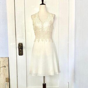 Vintage 1990s Cream Lace Embroidered Chiffon V Neck Halter Dress size Small